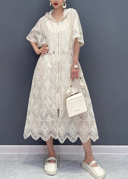 French White Hooded Cotton Zippered Hollow Out Dress Summer AO1073 JDML-SDL240909