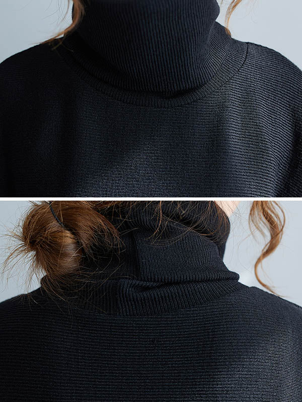 Casual Loose Black Heaps Collar Pockets A-line Long Sleeve Sweater AN1065 Genistyle Shop