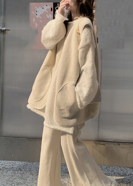 Cute Beige O-Neck Thick Cotton Knit Waistcoat Sweaters And Trousers Three Piece Set Winter WV003 ABC