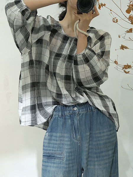 Women Spring Plaid Artsy Linen Loose Blouse KL1048 Ada Fashion