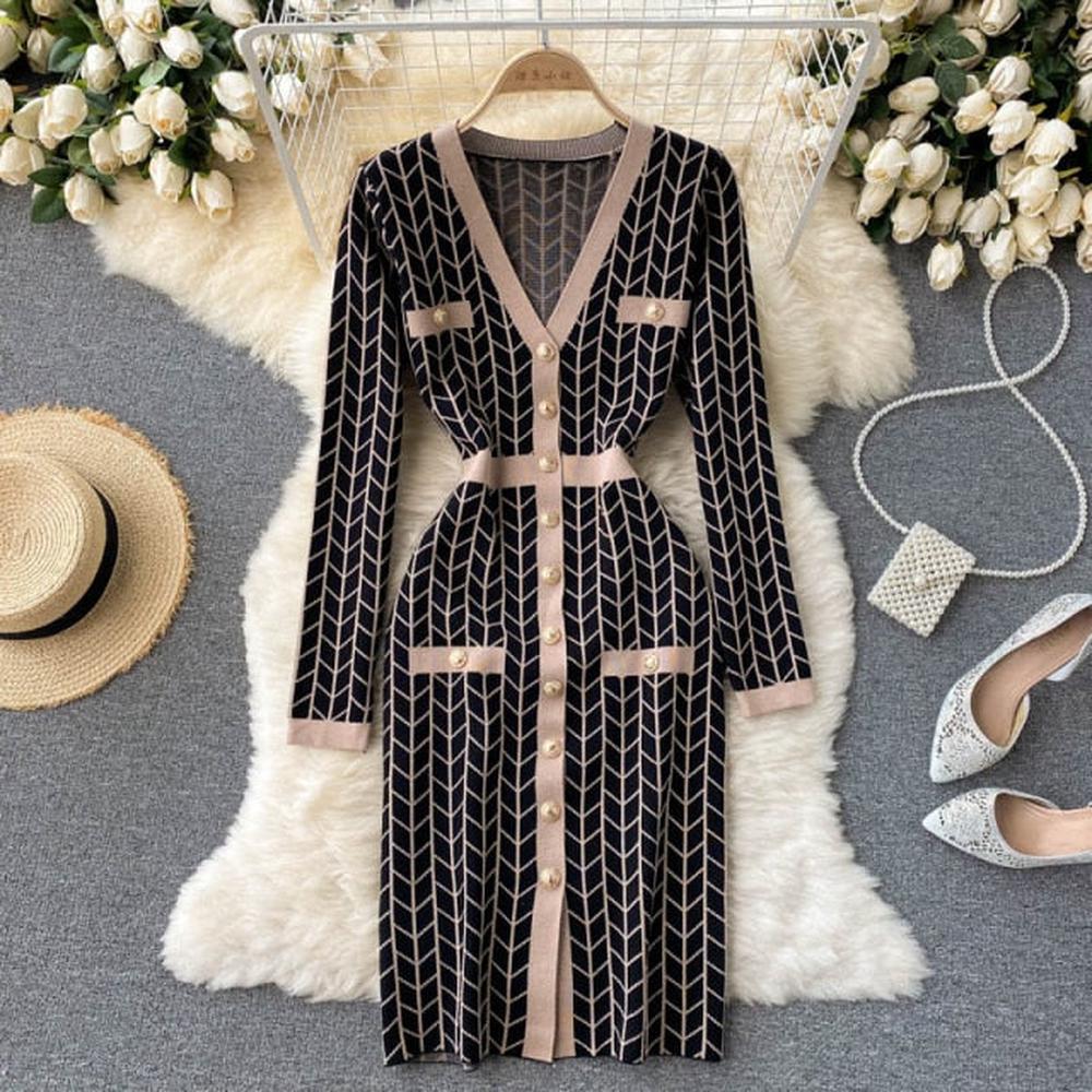 Women Black V-Neck Geometric Long Sleeve Knit Bodycon Dress AR1017 shopify