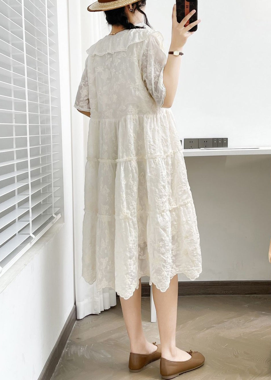 Elegant White V Neck Button Ruffled Cotton Dress Summer NN040 shopify