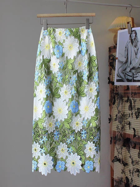 Floral Green Straight Elegant Embroidery Skirt FashionChic