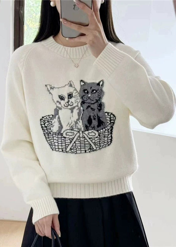 New White O Neck Animal Cozy Knit Sweaters Fall QC028 shopify