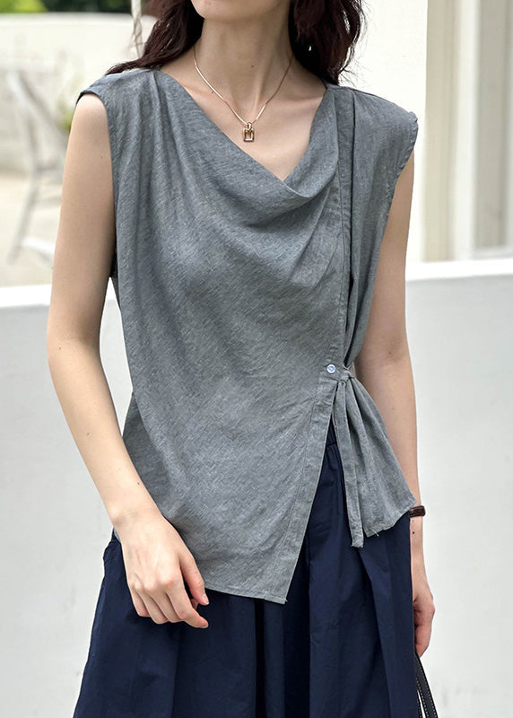 New Grey Asymmetrical Button Cotton Top Summer AF1039 HS-STP240914