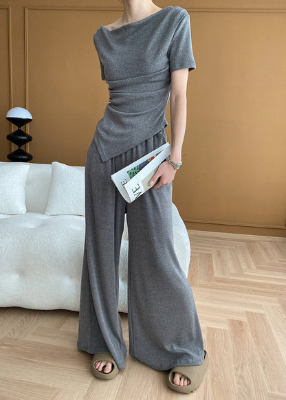 Italian Grey Cold Shoulder Asymmetrical Knit Two Pieces Set Summer WD002 HS-TPIEC241103