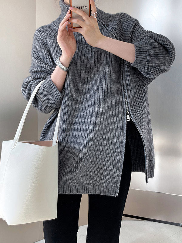 Urban Grey Halter-Neck Split-Side Zip-up Long Sleeve Sweater AN1033 Genistyle Shop