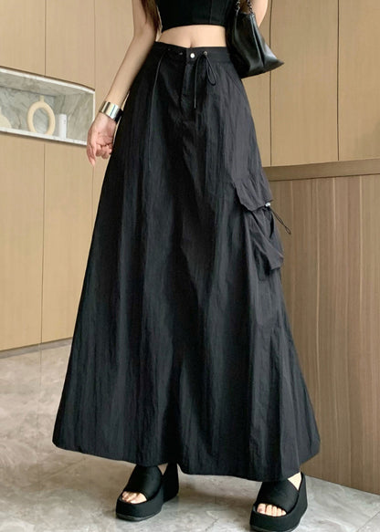 Women Black Pockets Drawstring High Waist Cotton Skirts Summer NN002 shopify