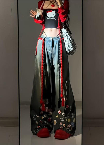 American Graffiti Blue Denim Wide Leg Pants Autumn WP054 NZ-LPTS241107