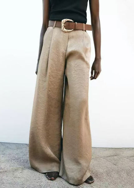 Leg Wide Style Light American Brown Pants Waist High Silk Summer FashionChic