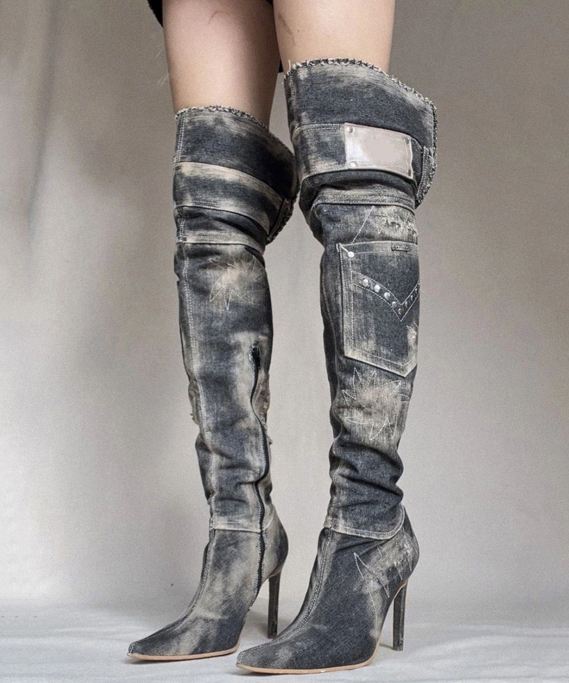 American Style Spicy Girl Pointed Denim Knee High Boots OM021 ABC