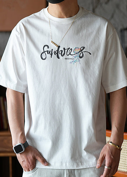 Men T Graphic Shirts Embroideried Style White American Cotton FashionChic