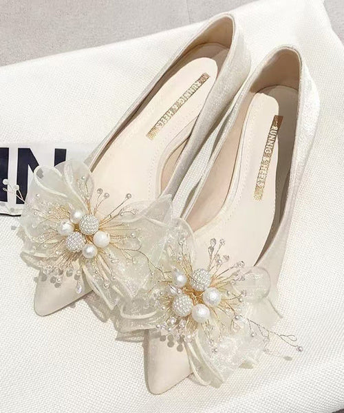 Apricot Splicing Feet Toe Shoes Nail Pointed Flat Bead Bow FashionChic