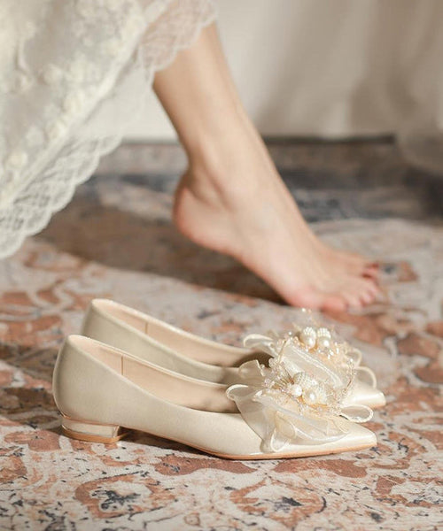 Apricot Splicing Feet Toe Shoes Nail Pointed Flat Bead Bow FashionChic