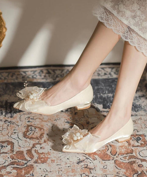 Apricot Splicing Feet Toe Shoes Nail Pointed Flat Bead Bow FashionChic