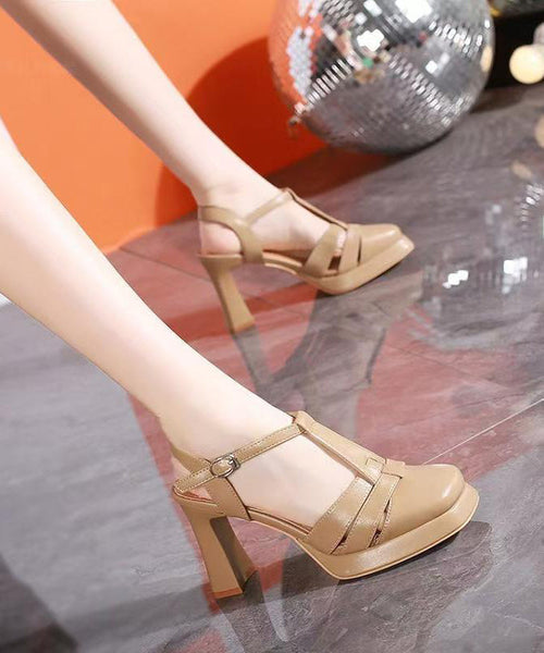 Strap Sandals Splicing Out Heel Apricot Chunky Buckle Hollow FashionChic