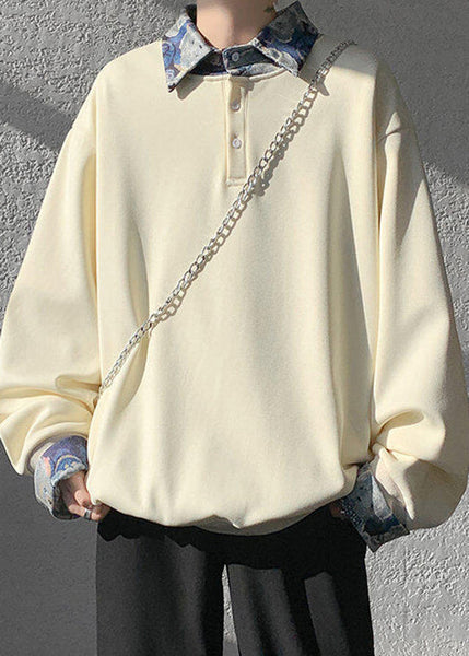 Apricot Woolen Peter Two False Pan Pieces Button Mens Sweatshirt FashionChic