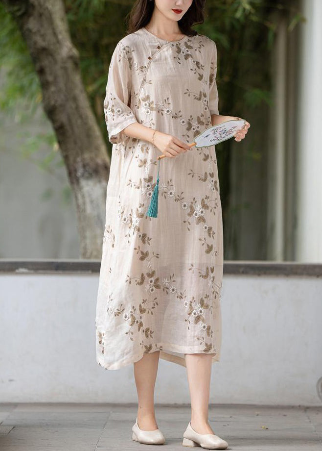 Apricot Button Linen Long Dress O Neck Half Sleeve MN056 MMDM-SDL240704