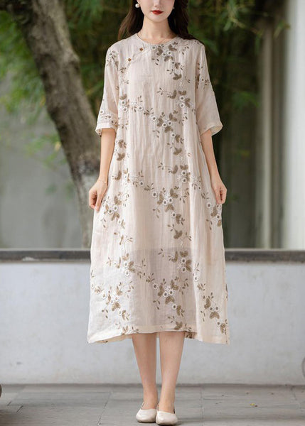 Apricot Button Linen Long Dress O Neck Half Sleeve MN056 MMDM-SDL240704