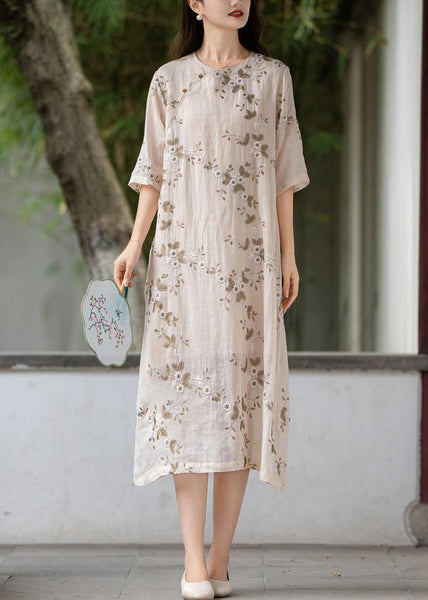 Apricot Button Linen Long Dress O Neck Half Sleeve MN056 MMDM-SDL240704