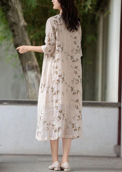 Apricot Button Linen Long Dress O Neck Half Sleeve MN056 MMDM-SDL240704