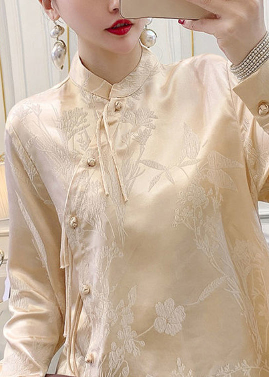 Apricot Button Silk Blouse Stand Collar Long Sleeve Ada Fashion