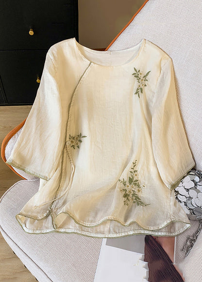 Shirt Cotton Button Embroidered Tasseled Spring Apricot FashionChic