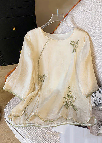 Shirt Cotton Button Embroidered Tasseled Spring Apricot FashionChic