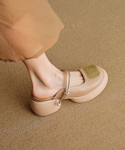 Faux Sandals Splicing Heel Leather Chunky Apricot Slide New FashionChic