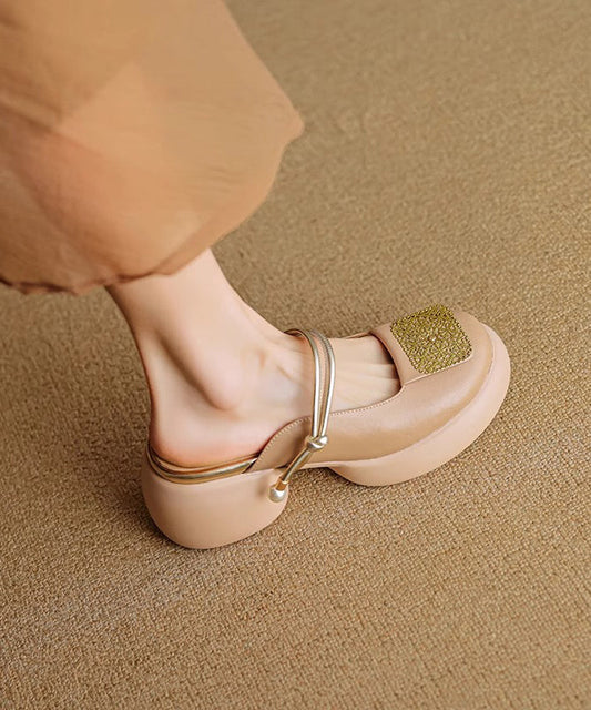 Faux Sandals Splicing Heel Leather Chunky Apricot Slide New FashionChic