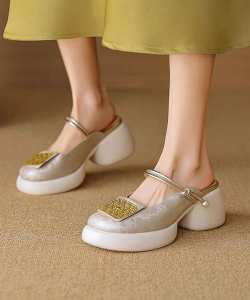 Faux Sandals Splicing Heel Leather Chunky Apricot Slide New FashionChic