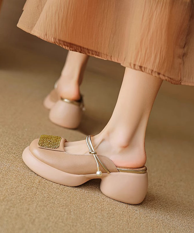 Faux Sandals Splicing Heel Leather Chunky Apricot Slide New FashionChic