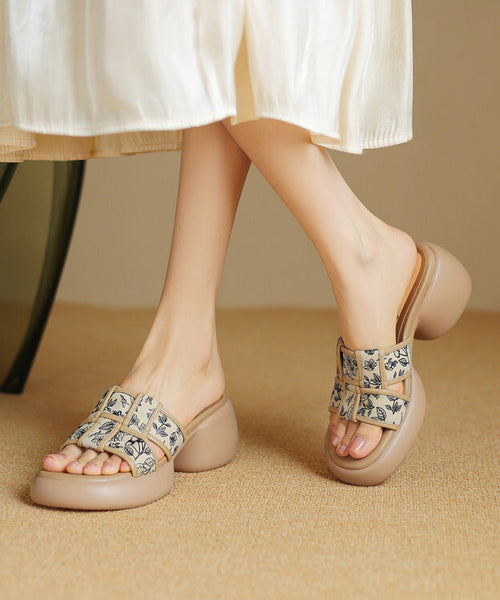 Slide Heel Chunky Cowhide Sandals Leather Apricot Splicing FashionChic