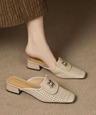 Sandals Slide Out Hollow Apricot Cowhide Splicing Leather FashionChic