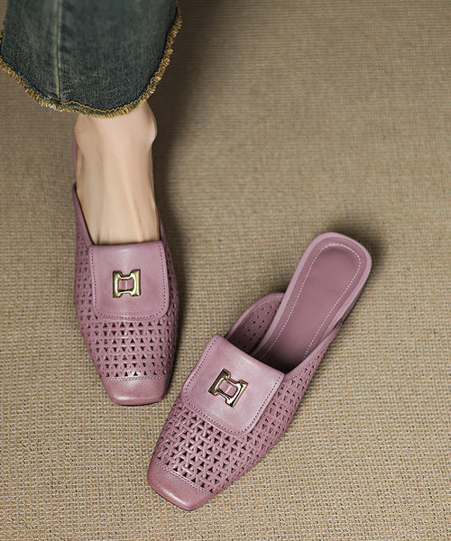 Sandals Slide Out Hollow Apricot Cowhide Splicing Leather FashionChic