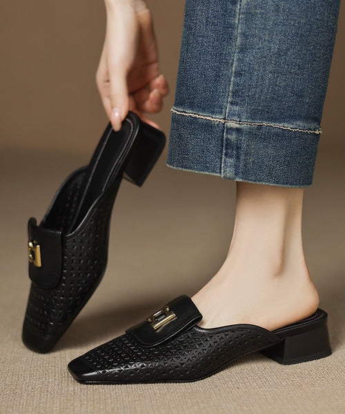 Sandals Slide Out Hollow Apricot Cowhide Splicing Leather FashionChic