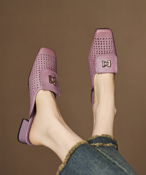 Sandals Slide Out Hollow Apricot Cowhide Splicing Leather FashionChic