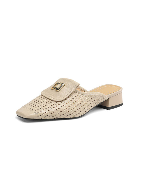 Sandals Slide Out Hollow Apricot Cowhide Splicing Leather FashionChic