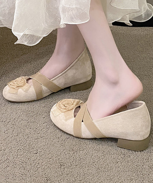 Flat Apricot Cross Feet Floral Splicing Suede Strap Shoes FashionChic