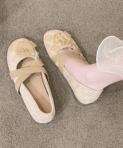 Flat Apricot Cross Feet Floral Splicing Suede Strap Shoes FashionChic