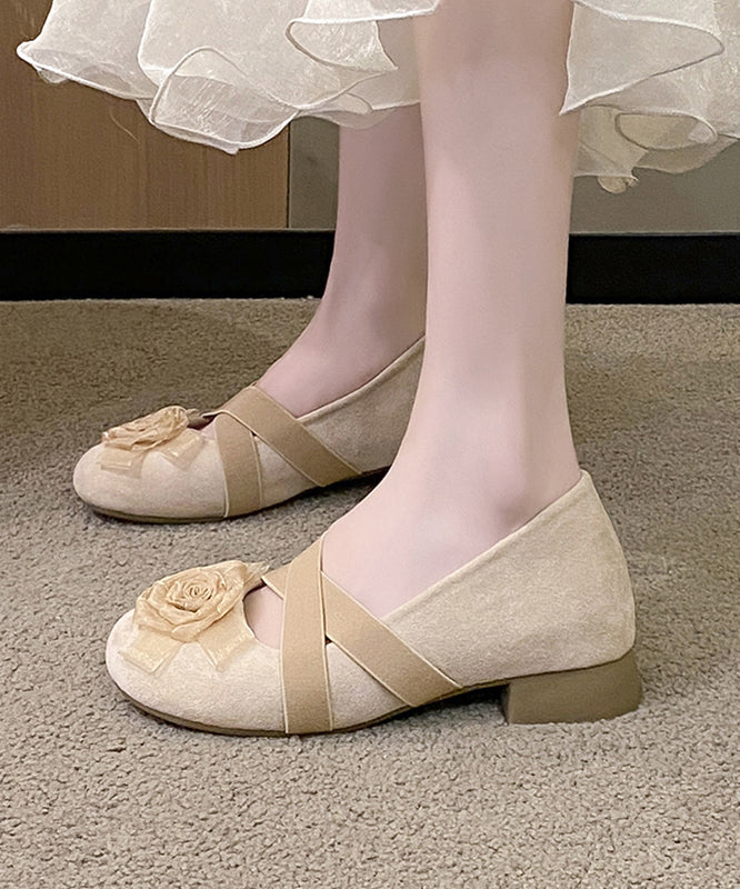 Flat Apricot Cross Feet Floral Splicing Suede Strap Shoes FashionChic