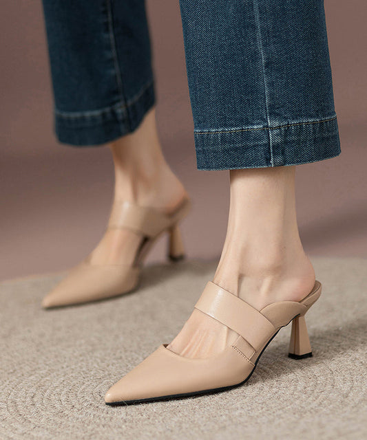 Pointed Apricot Faux Slide High Leather Heels Toe Fine Sandals FashionChic