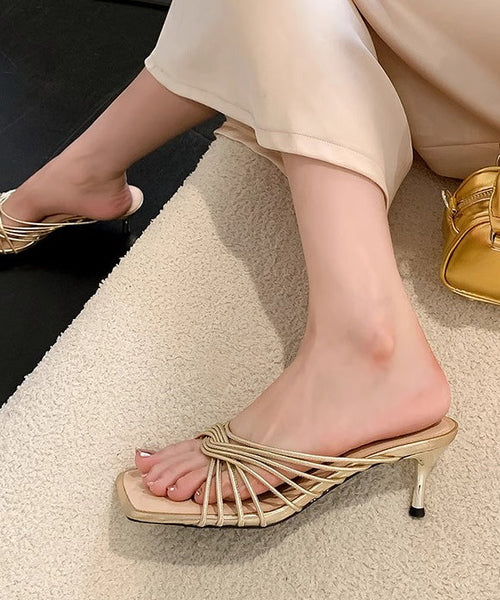 Toe Apricot Sandals Slide Faux Leather Splicing French Peep FashionChic