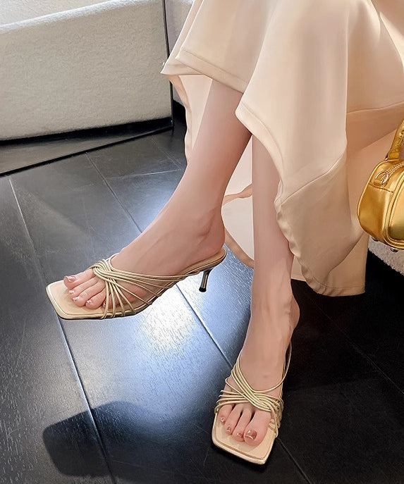 Toe Apricot Sandals Slide Faux Leather Splicing French Peep FashionChic