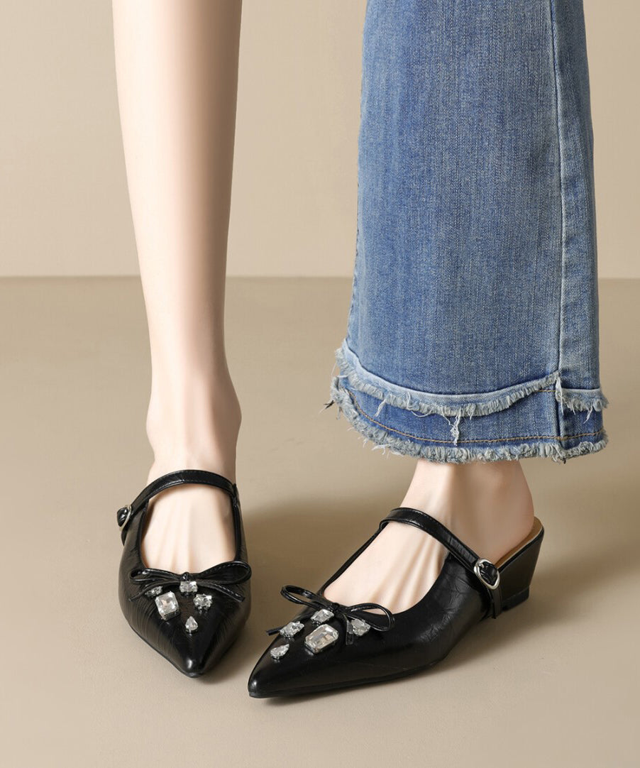 Pointed Apricot Splicing Slide Toe Sandals Faux Leather Zircon FashionChic