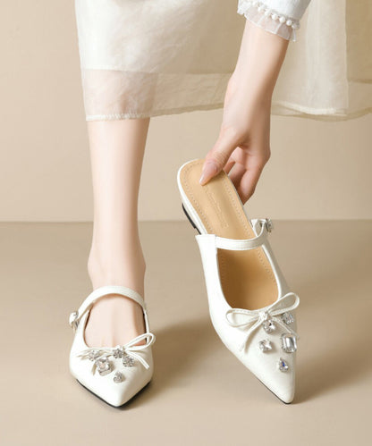 Pointed Apricot Splicing Slide Toe Sandals Faux Leather Zircon FashionChic