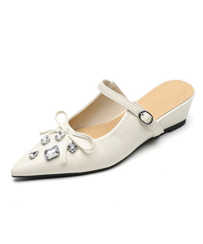 Pointed Apricot Splicing Slide Toe Sandals Faux Leather Zircon FashionChic