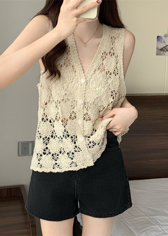 Hollow Vest Apricot Summer Out Solid Knit FashionChic