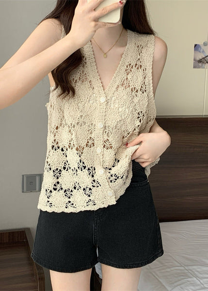 Hollow Vest Apricot Summer Out Solid Knit FashionChic