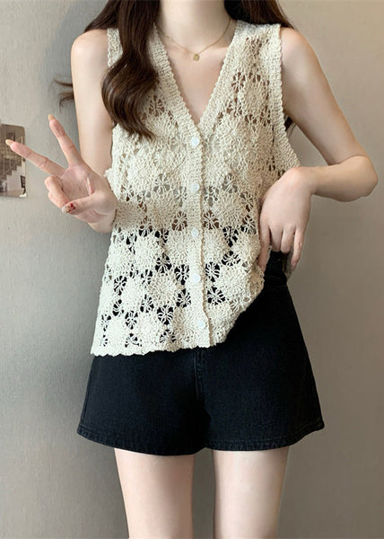 Hollow Vest Apricot Summer Out Solid Knit FashionChic